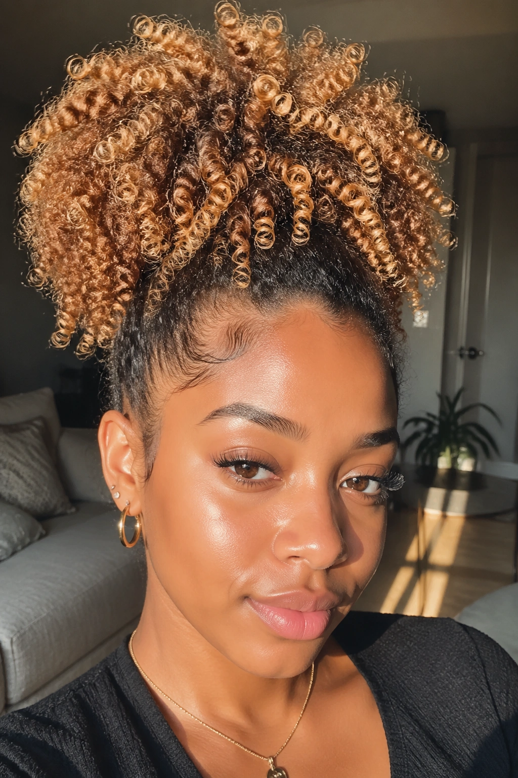 Close-up of a woman with a honey blonde wash-and-go puff.