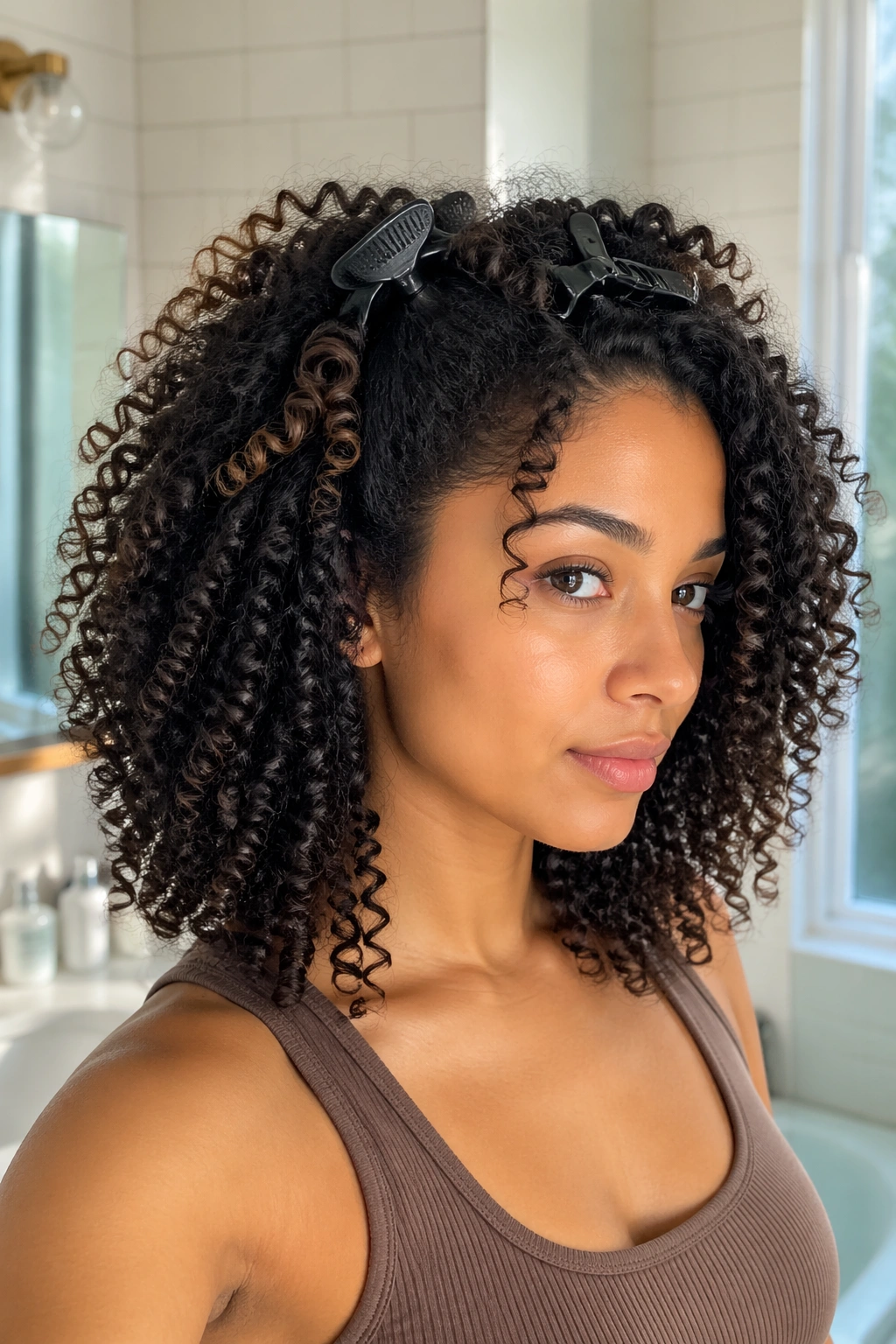 Close-up of a real woman with wash-and-go and root clips