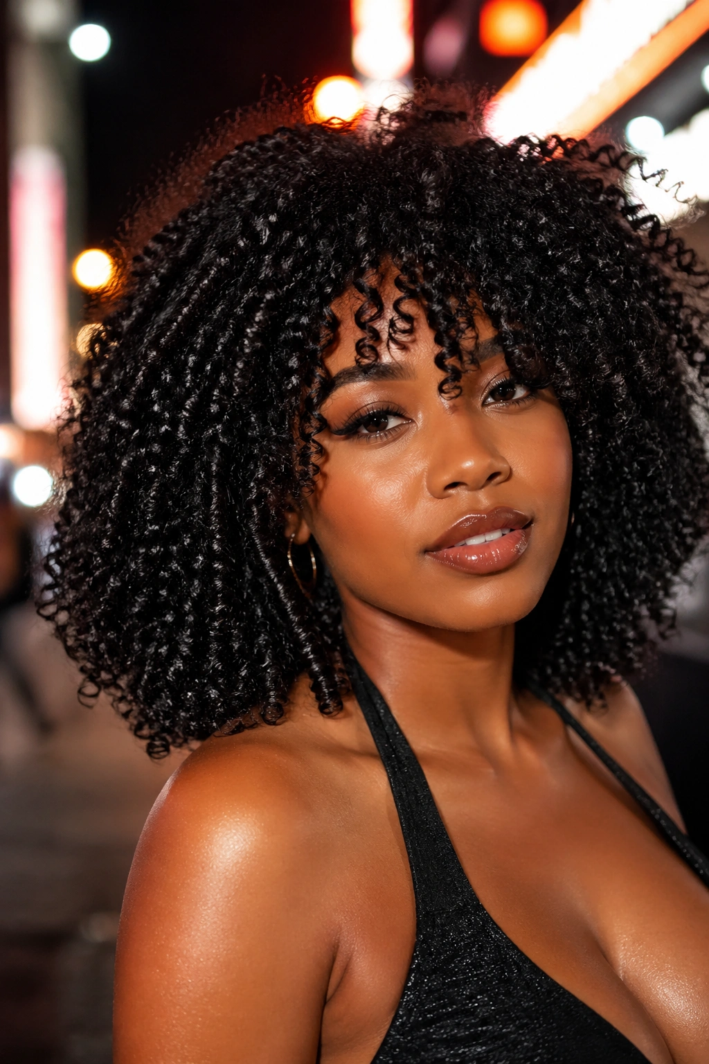 Close-up of bold wash-and-go curls with glossy shine under city night lights