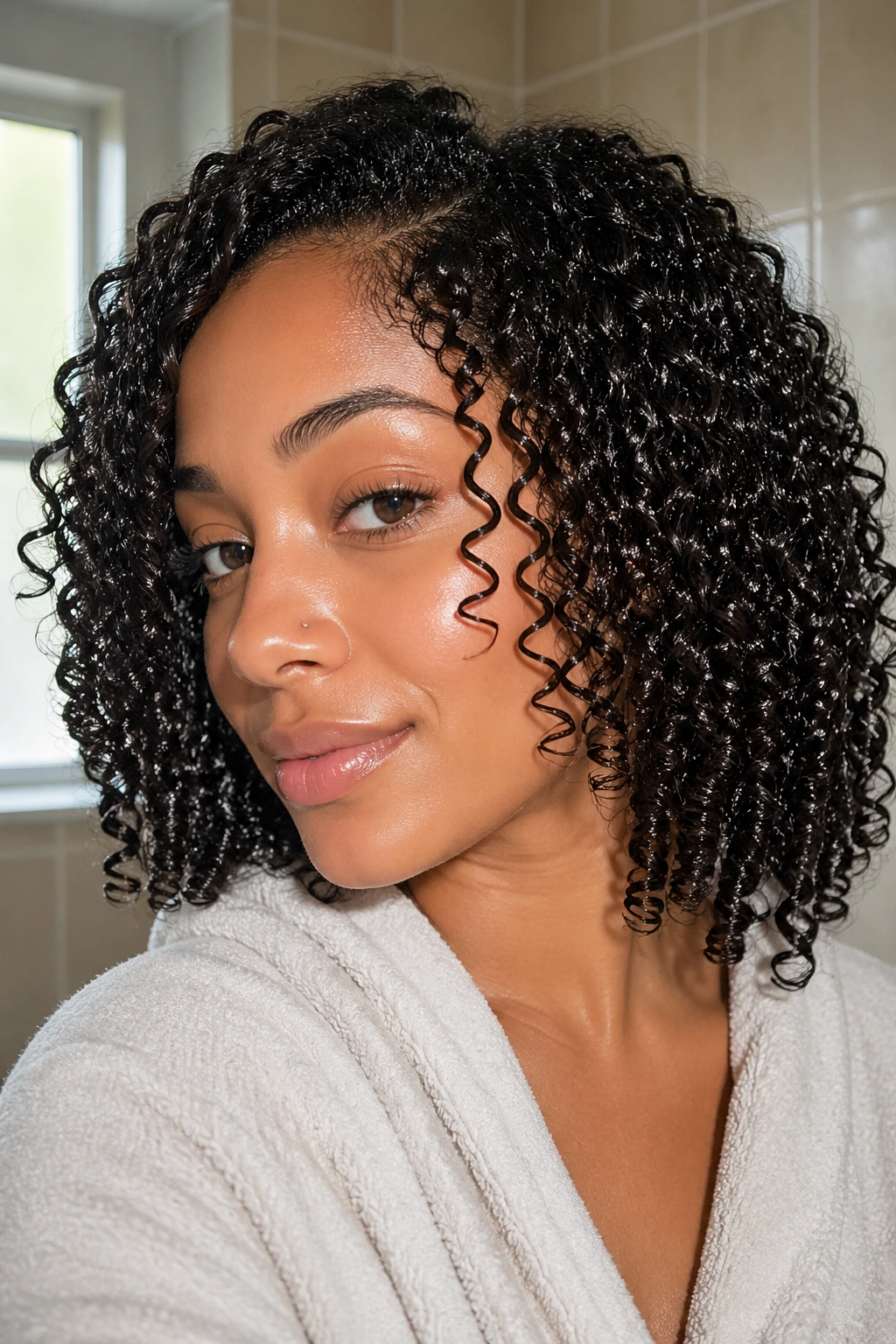 Close-up of a real woman with defined curls from wash-and-go shingling technique