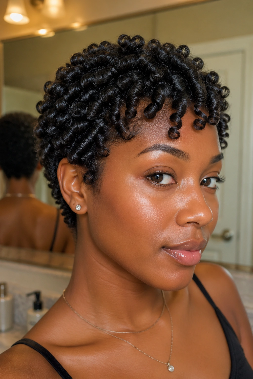 Close-up of a woman with defined curl sections in a wash-and-go
