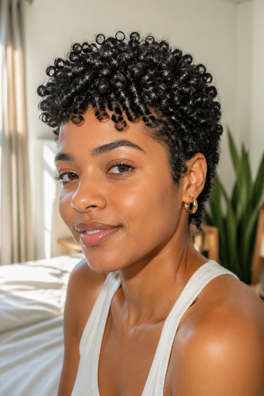 Close-up of a real woman with a wash-and-go short curl cut forming natural curls after washing