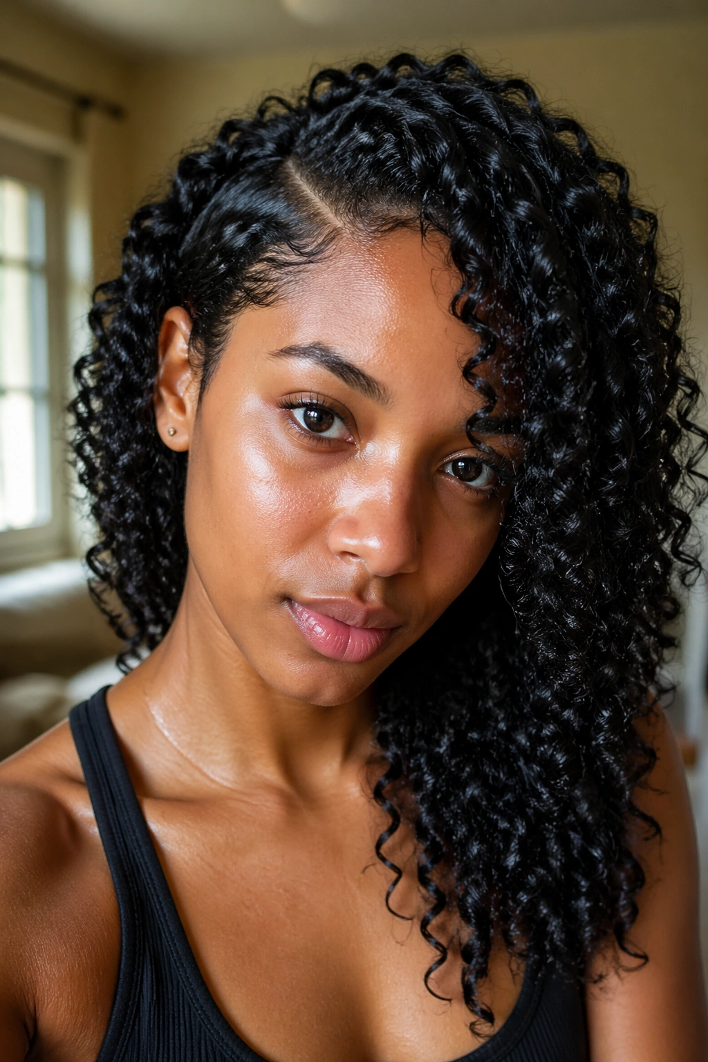 Close-up of a real woman with wash-and-go curls and side part