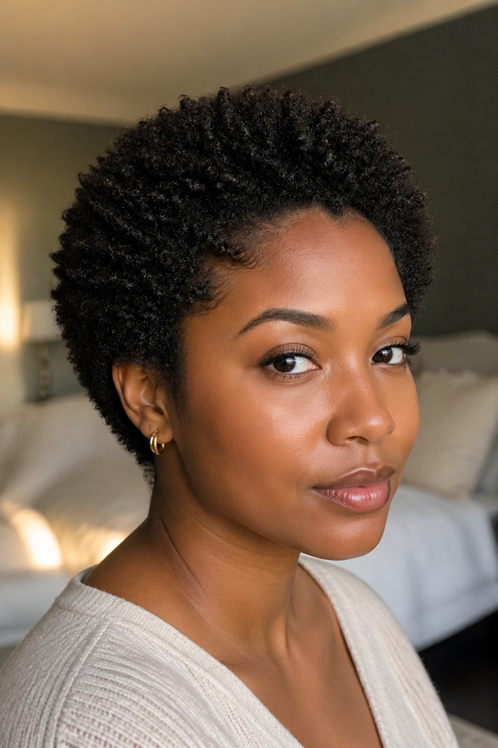 Close-up of a real person with a wash-and-go small Afro in natural light