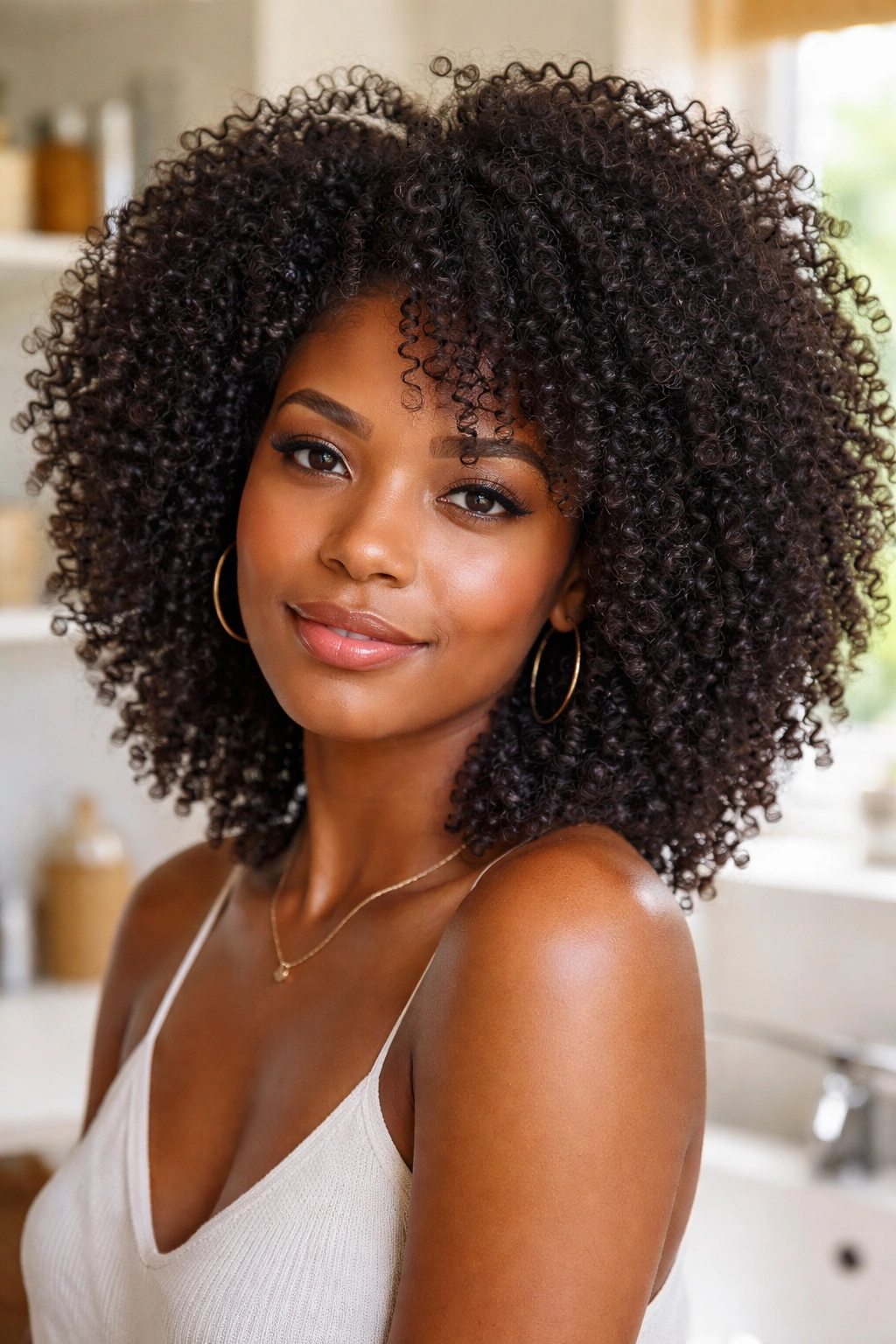 Wash-and-go tight curls on real person in a cozy home setting.