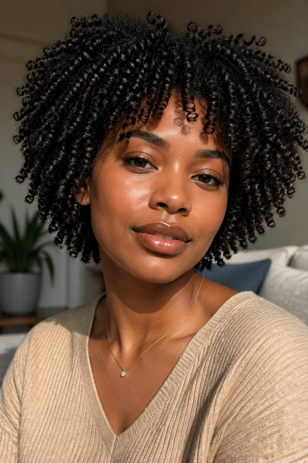 Close-up of a real woman with defined wash-and-go Type 4 curls in a cozy home setting.