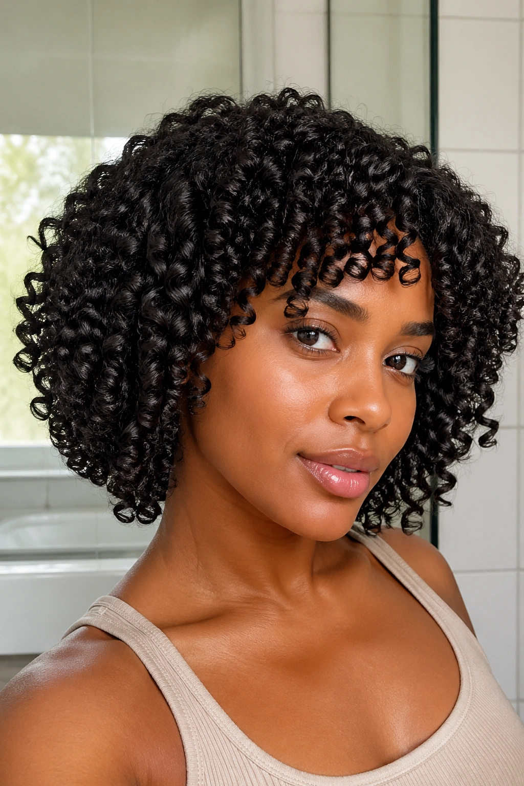 Close-up of woman with wash-and-go-inspired wand curls