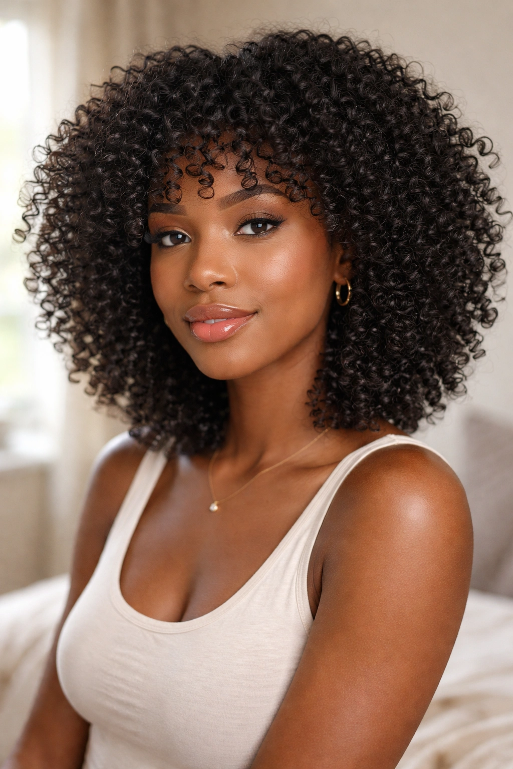 Close-up of a real woman wearing a washed-and-go coil wig with defined curls in natural window light