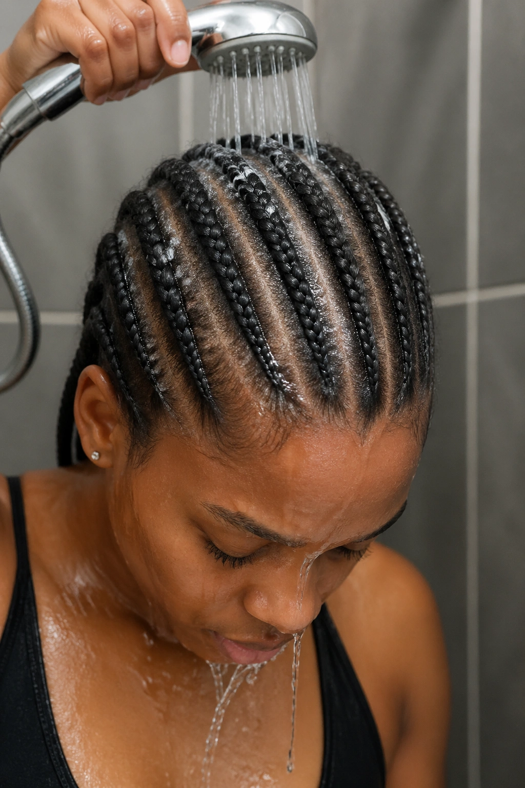 Close-up of real person washing scalp with eight cornrows in a bathroom.