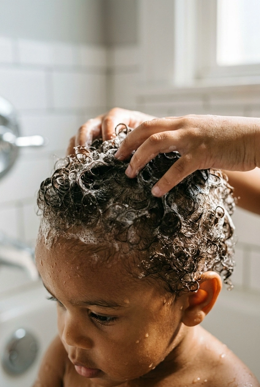 Close-up of a baby's wet curly hair during gentle shampooing in a bathroom