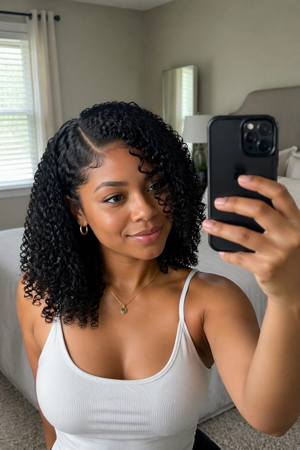 Defined wash-and-go curls with a deep part in a mirror selfie.