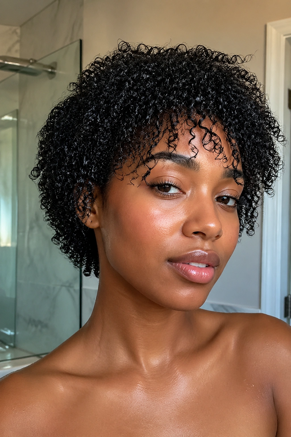 Close-up of a Black woman with wash-and-go curls in a bathroom setting.