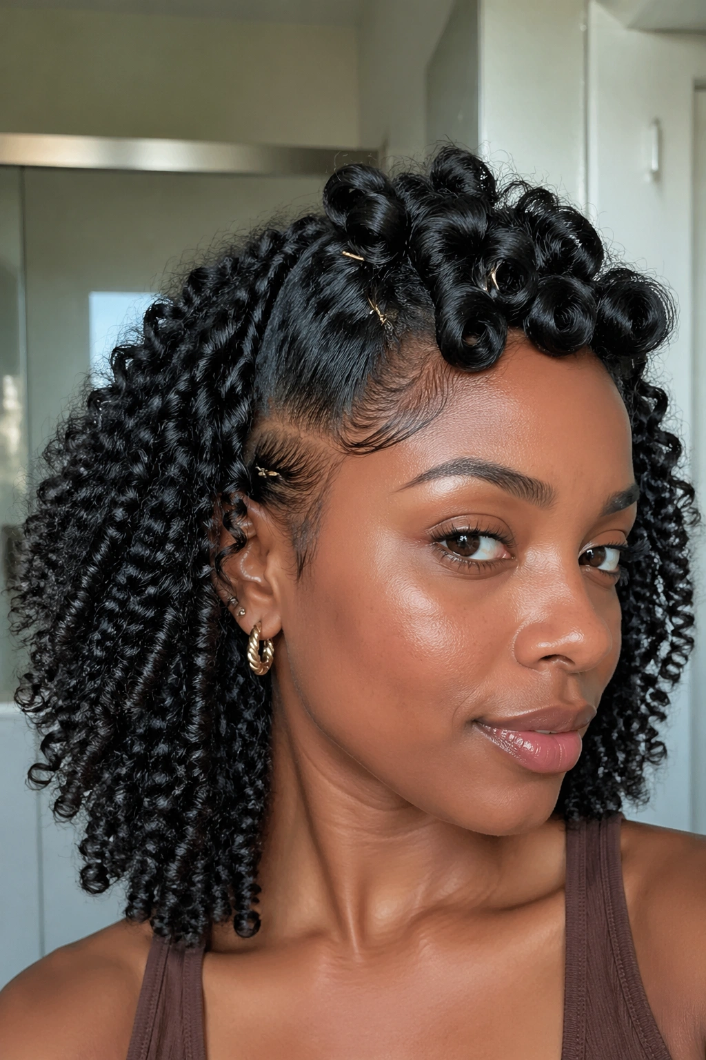 Close-up of a real woman with selective pin curls on crown/front for wash-and-go definition.