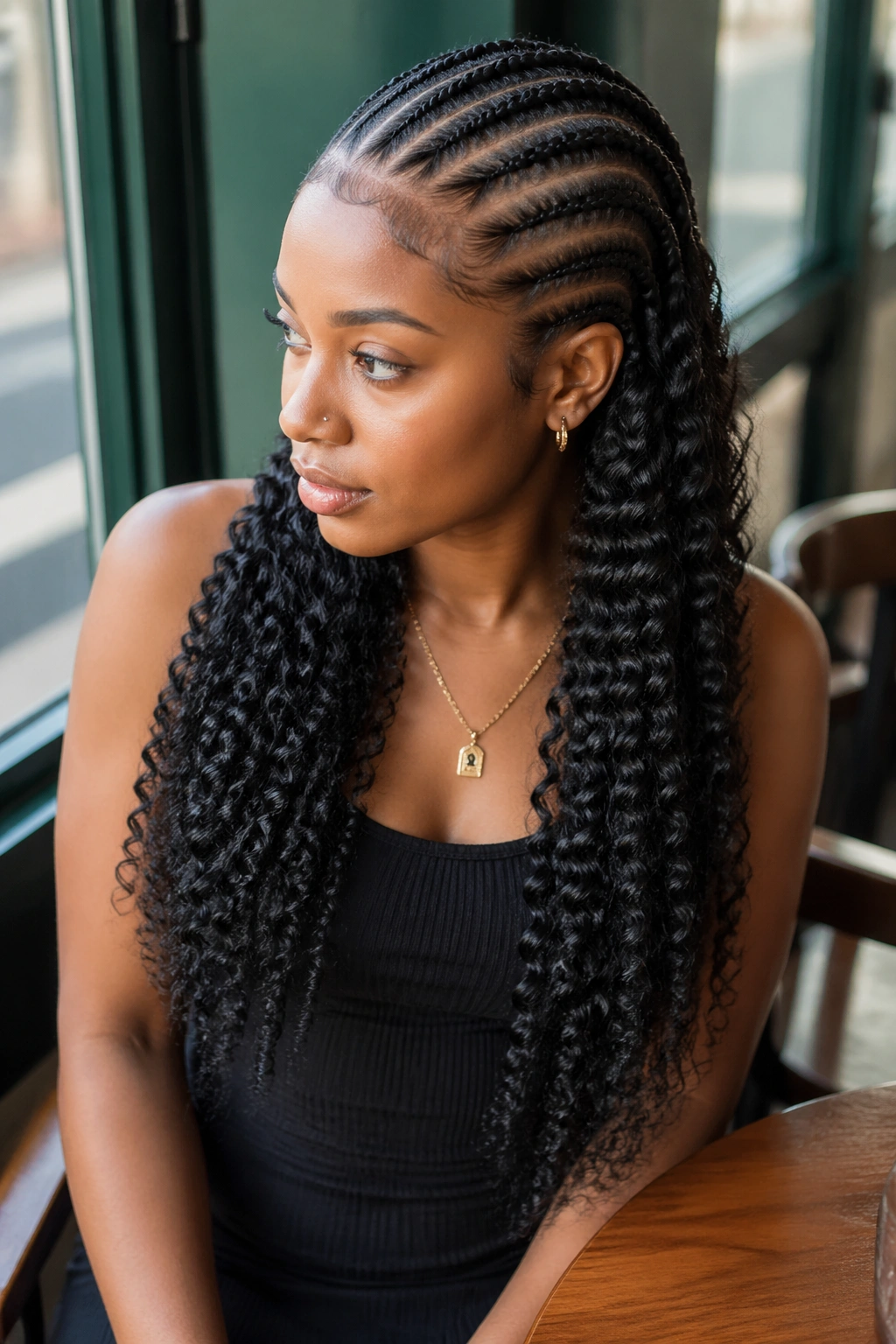 Real person with cornrows and water wave extensions in daylight