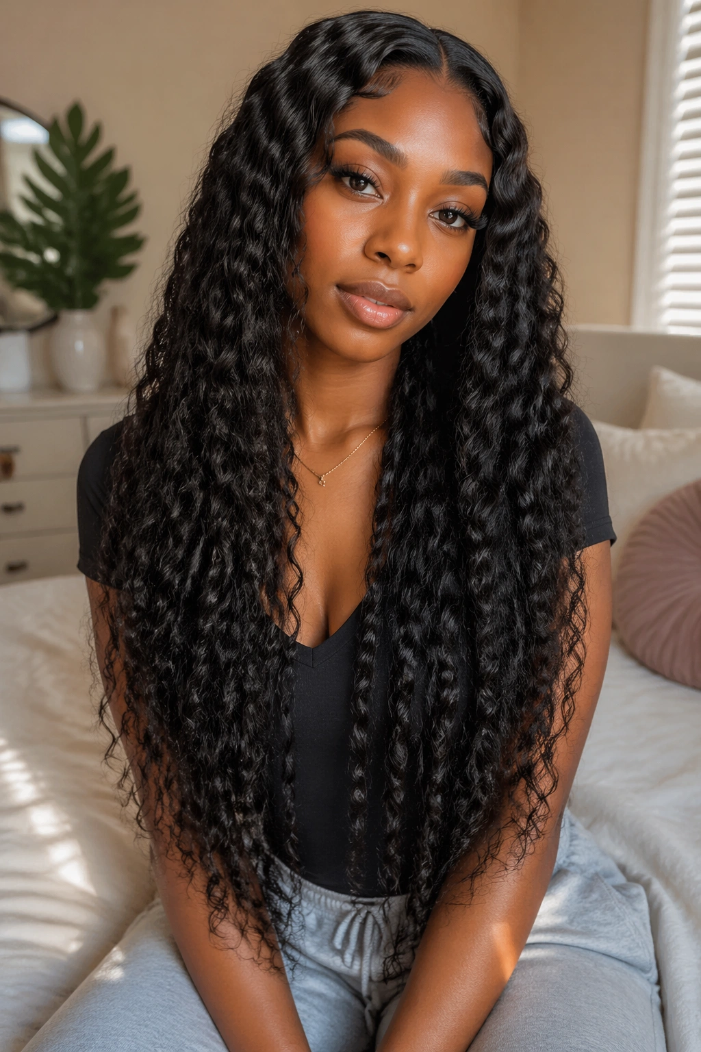 Close-up portrait of a real woman with waist-length water wave crochet curls in a cozy bedroom.