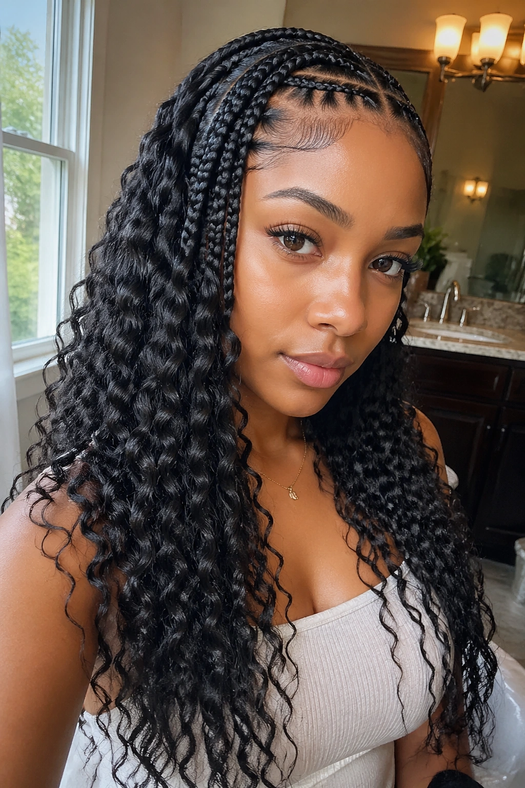 Close-up of a real woman with feed-in ends in loose water wave curls.