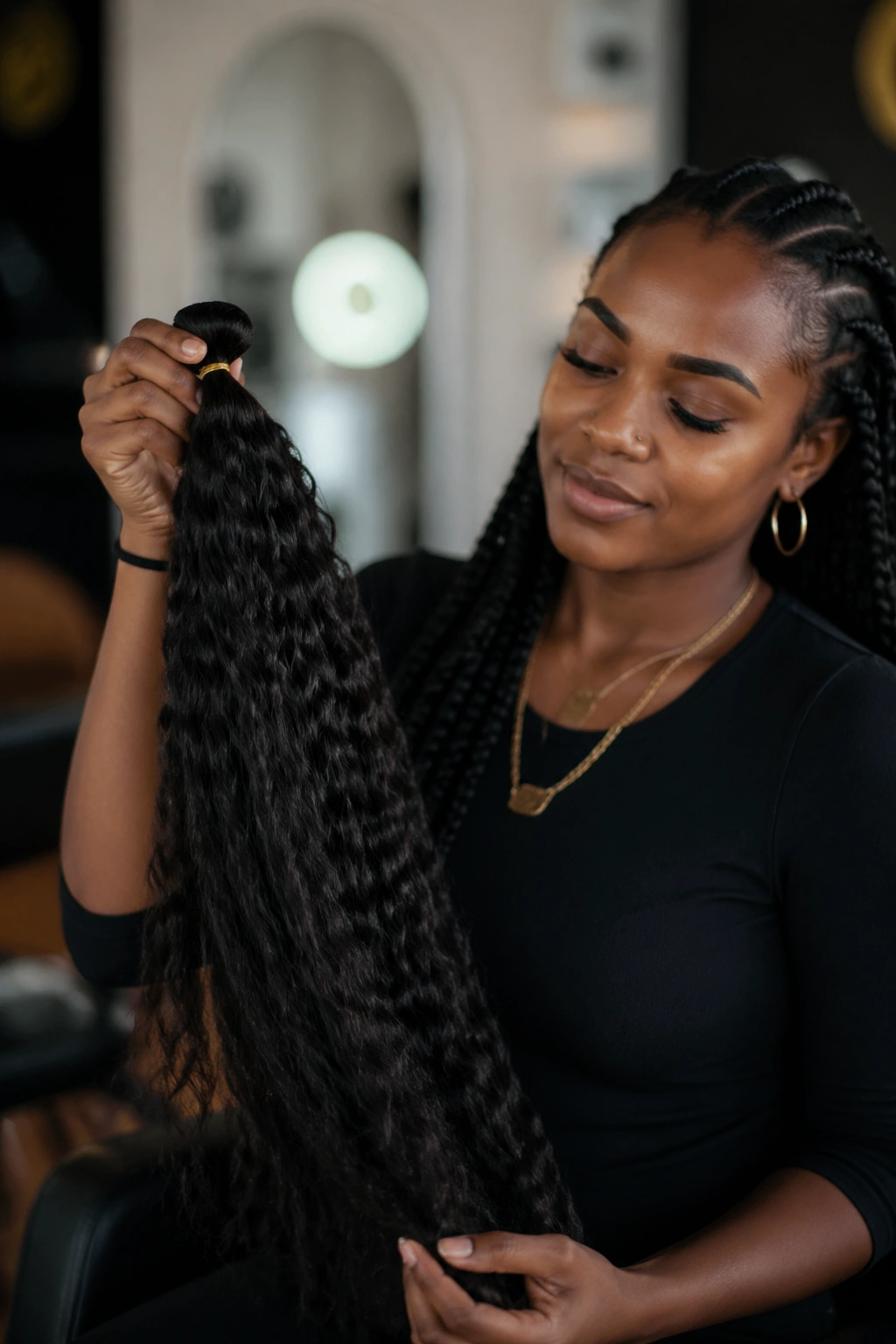 Close-up of a real woman with water-wave hair prepared for passion twists
