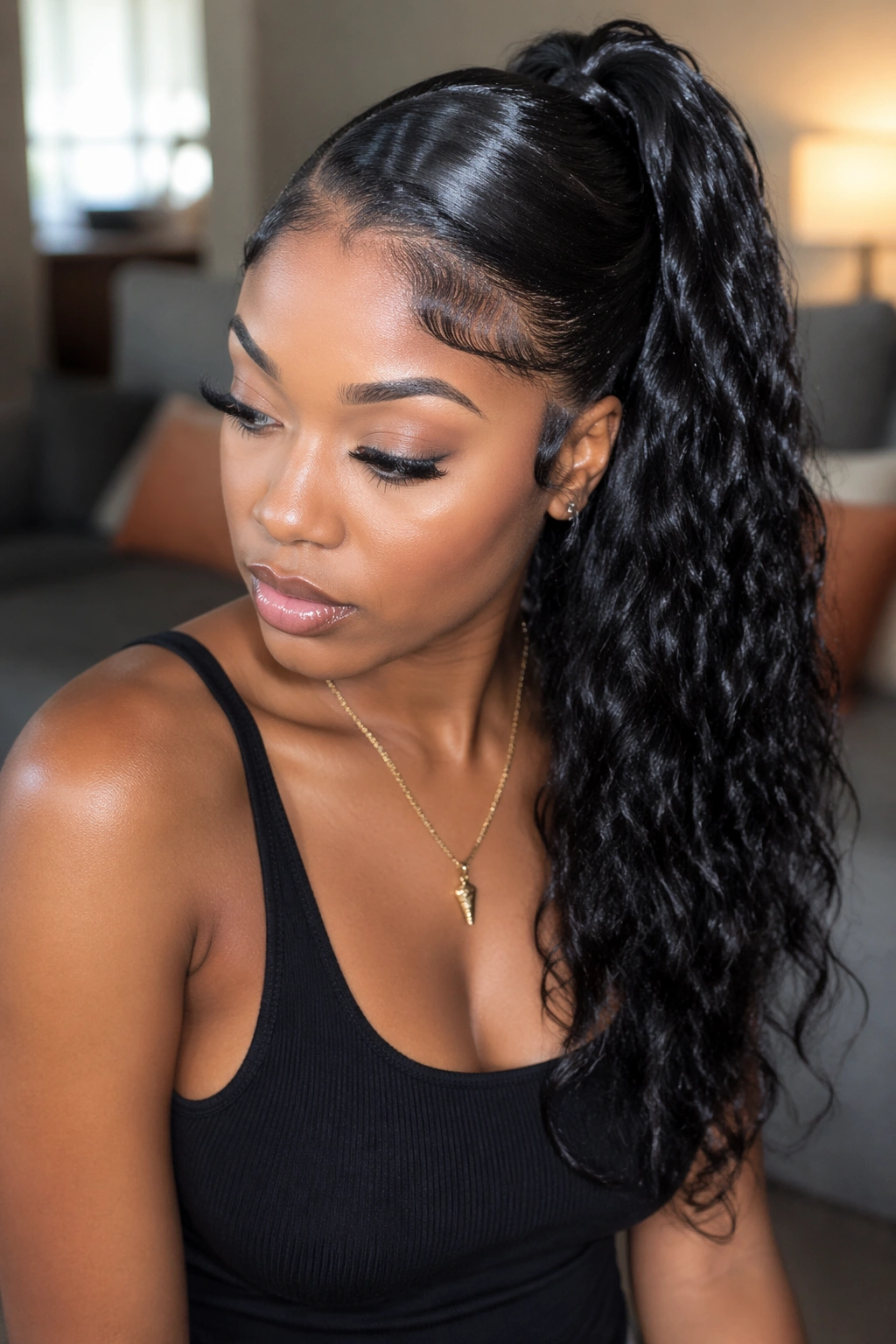 Close-up of a real woman with water wave curls forming a ponytail in a cozy room