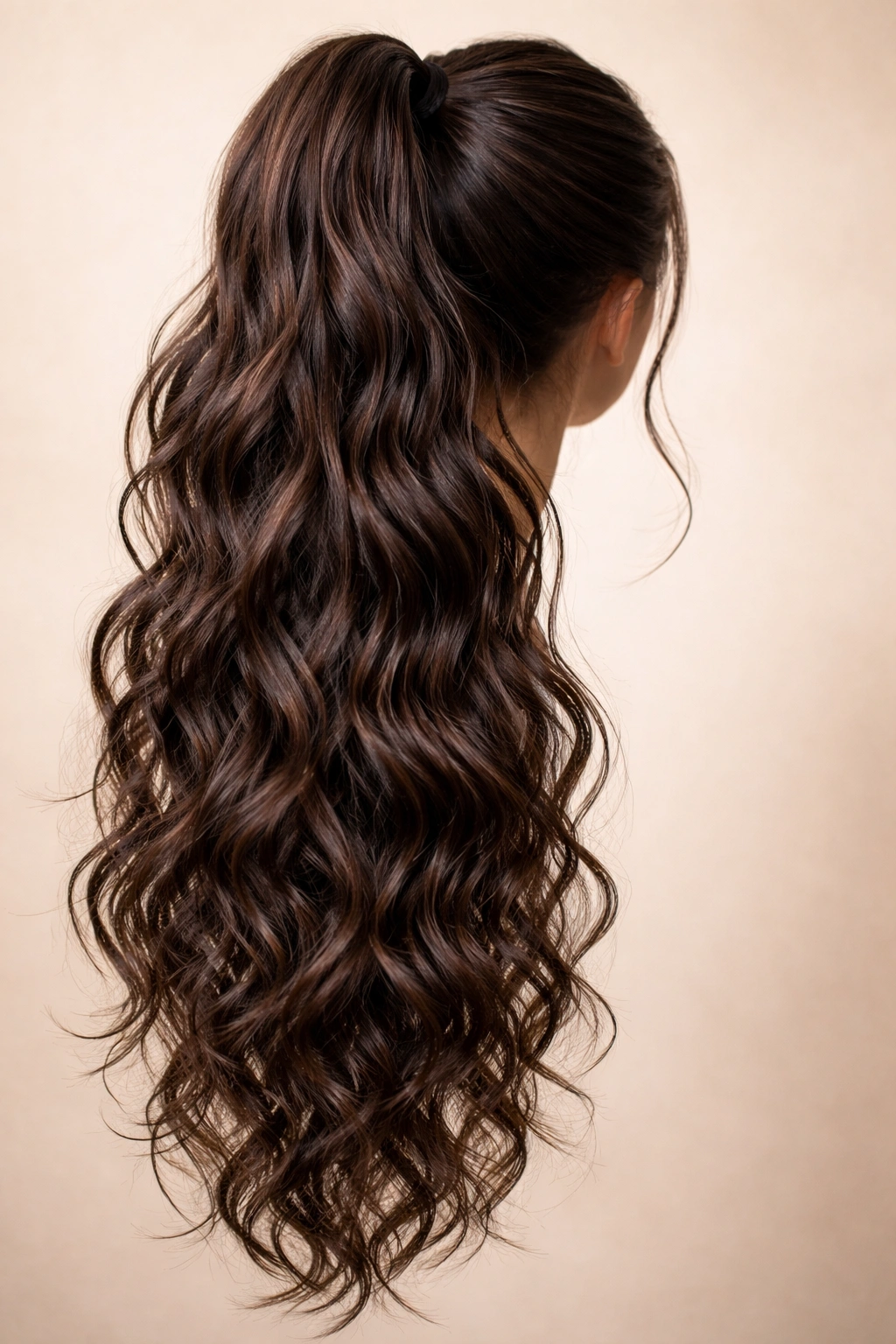 Close-up of a water-wave texture ponytail extension with glossy waves and even sheen