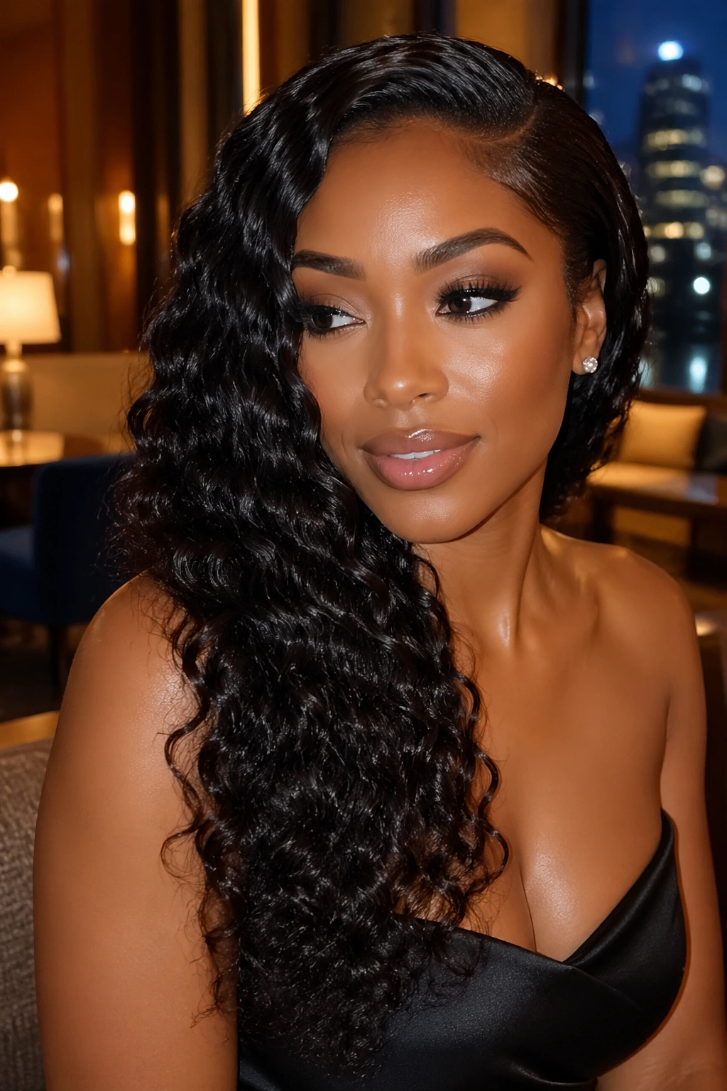 Close-up of real woman with side-swept water wave hairstyle in chic lounge lighting