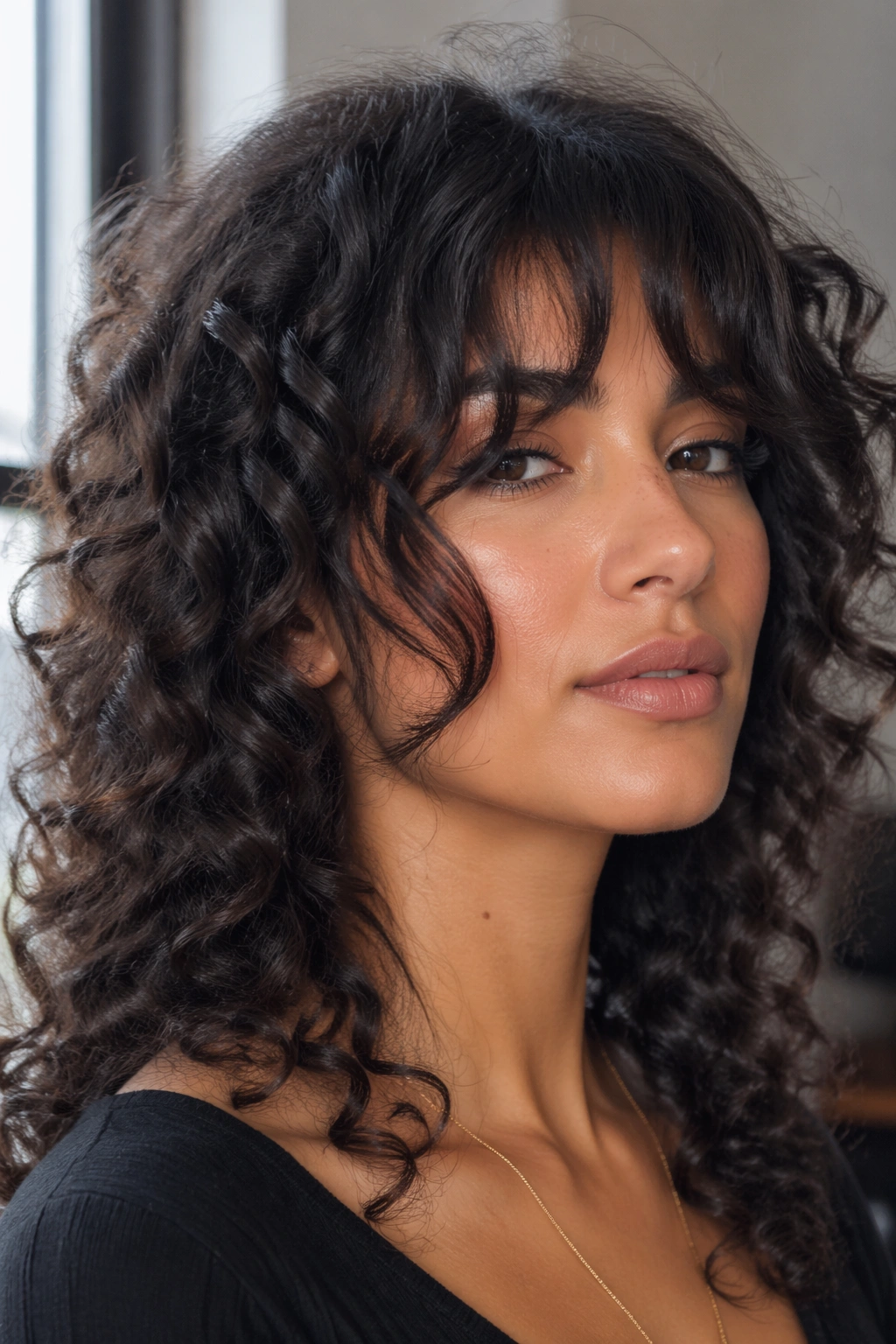 Real person with waterfall bangs and face-skimming layers