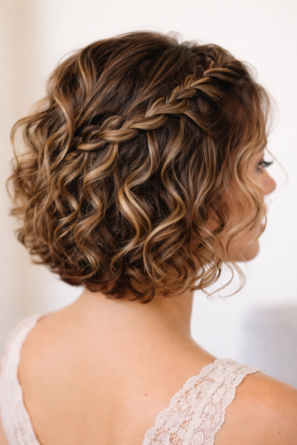Diagonally braided waterfall accent on short curly hair