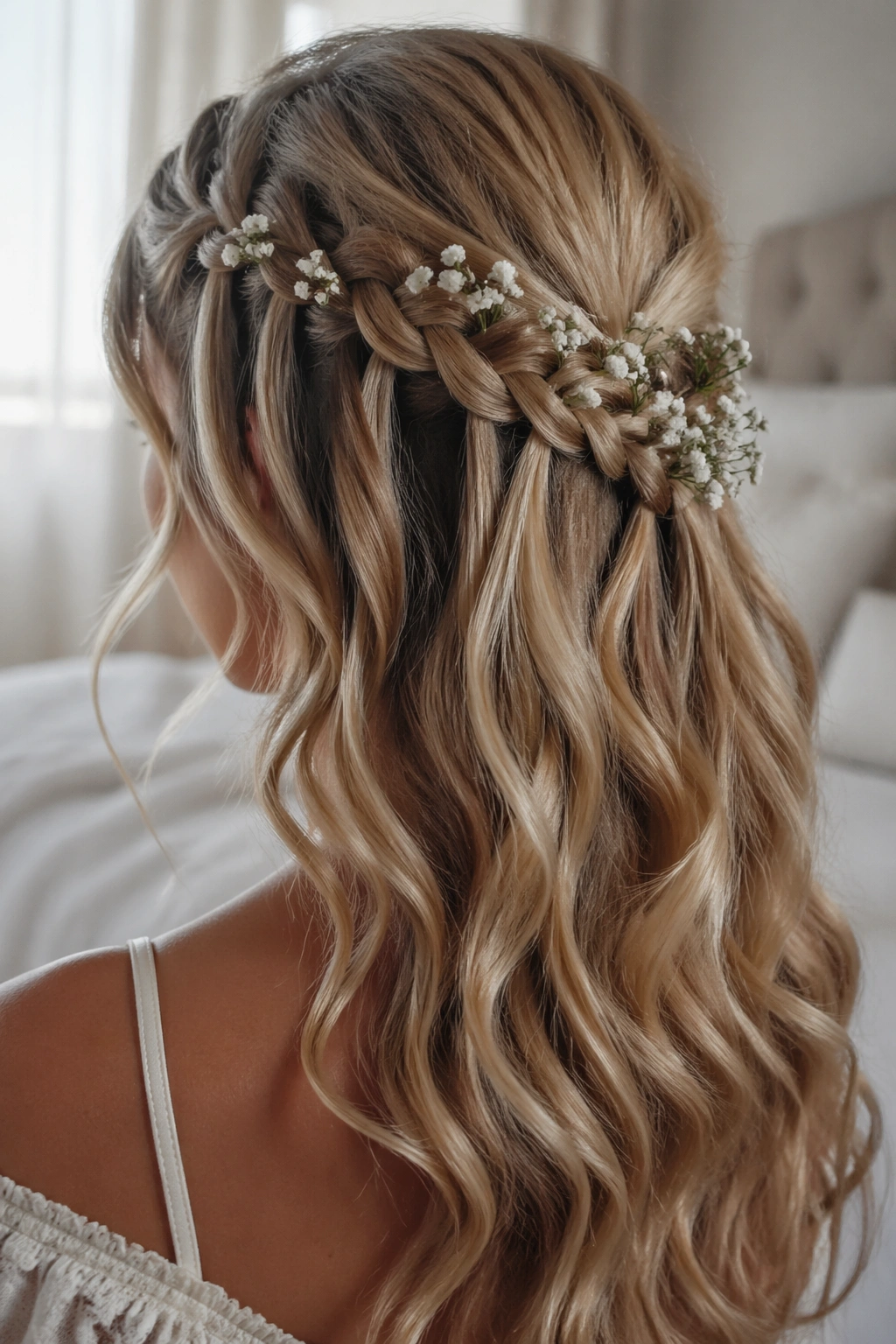 Close-up of a real woman wearing Waterfall Braid with Baby’s Breath hairstyle with a loose, airy braid