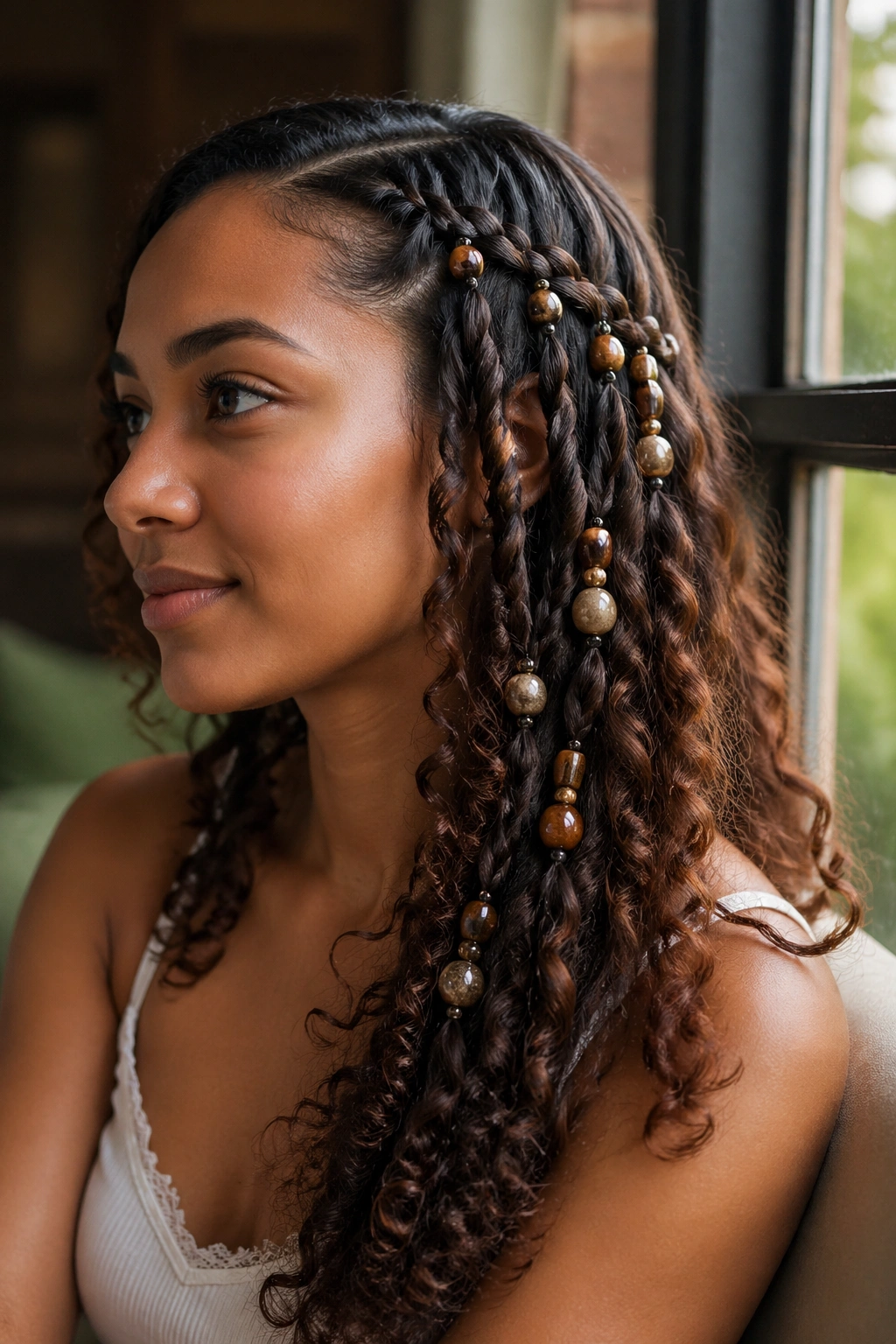 Close-up of a real woman with Waterfall Braid with Mixed Bead Sizes showing beads along the cascading braid.