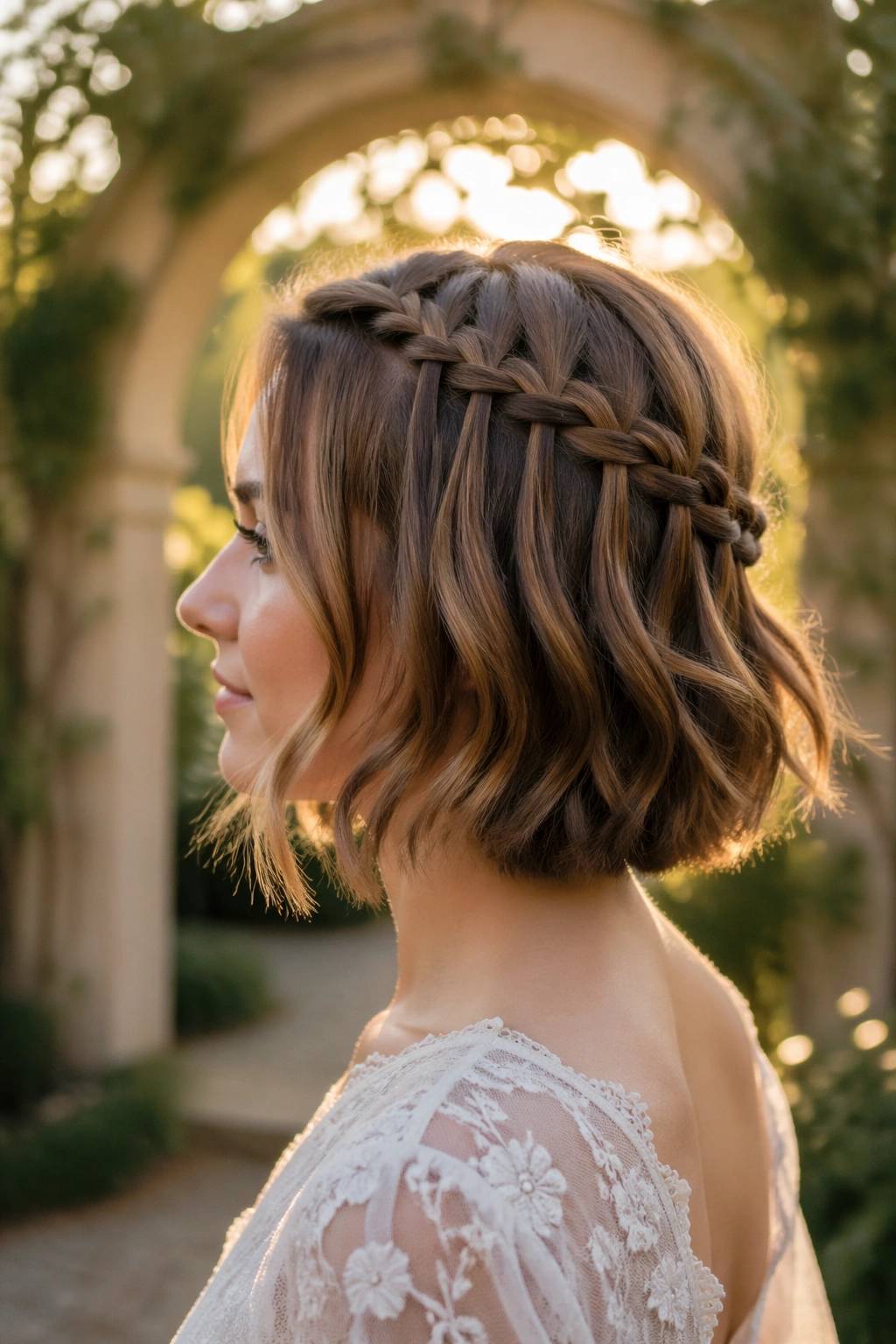 Waterfall braid on bob in profile view at garden arch