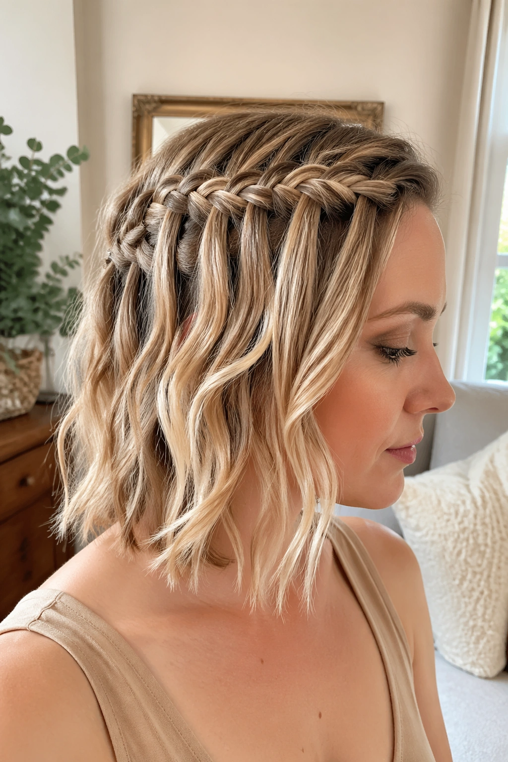 Close-up of real woman with waterfall-inspired side braids on bob