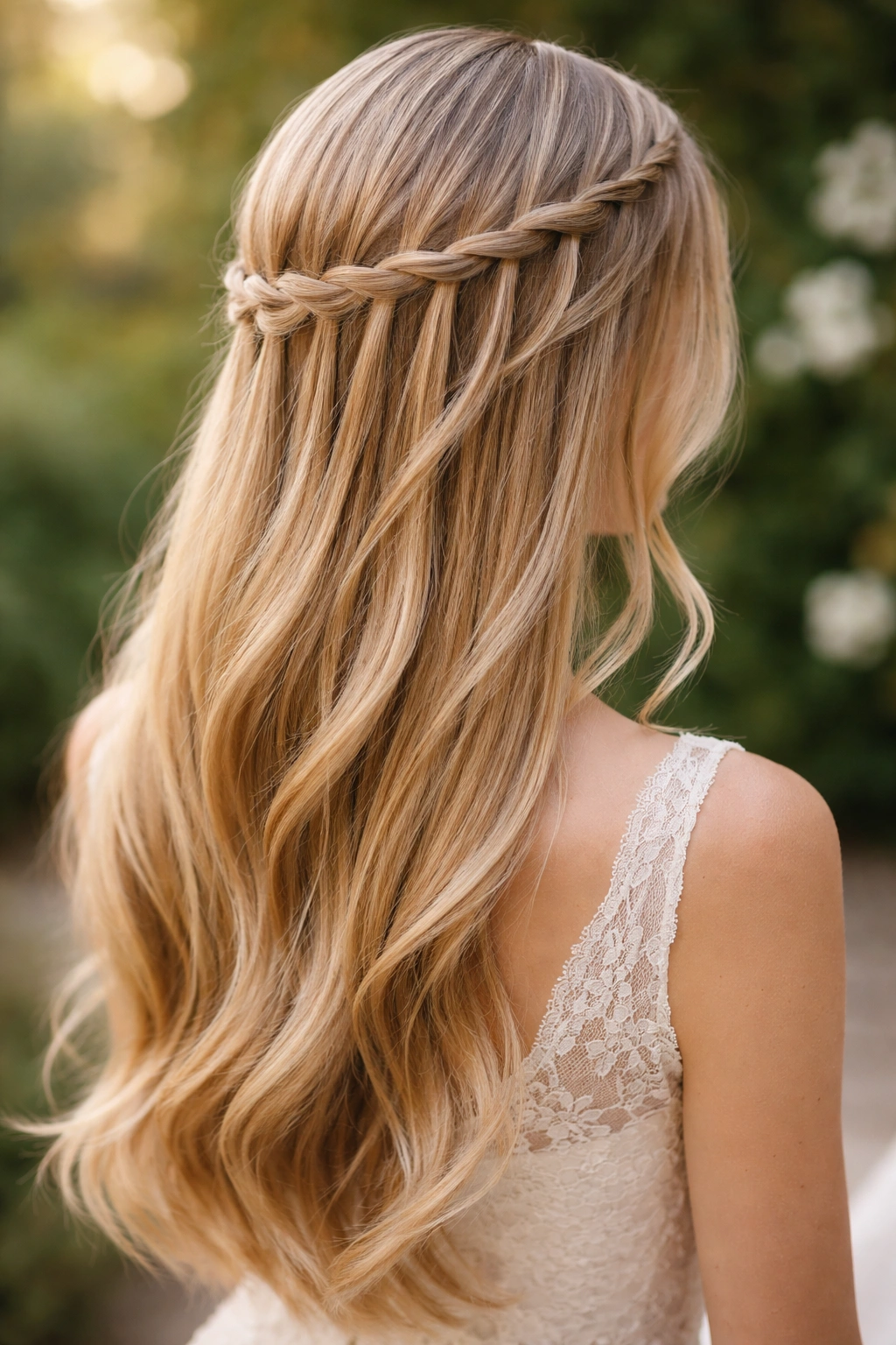 Waterfall braid cascading through straight hair on back