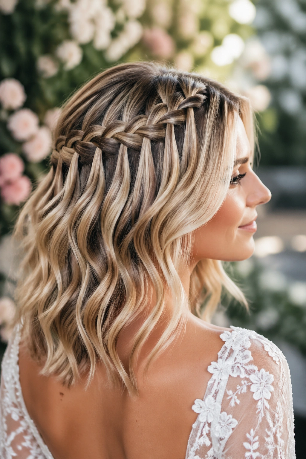 Close-up of a real bride with a loose waterfall braid and shoulder-length waves
