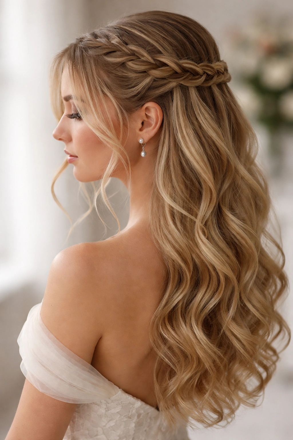 Waterfall braid with airy face-framing pieces and loose curls