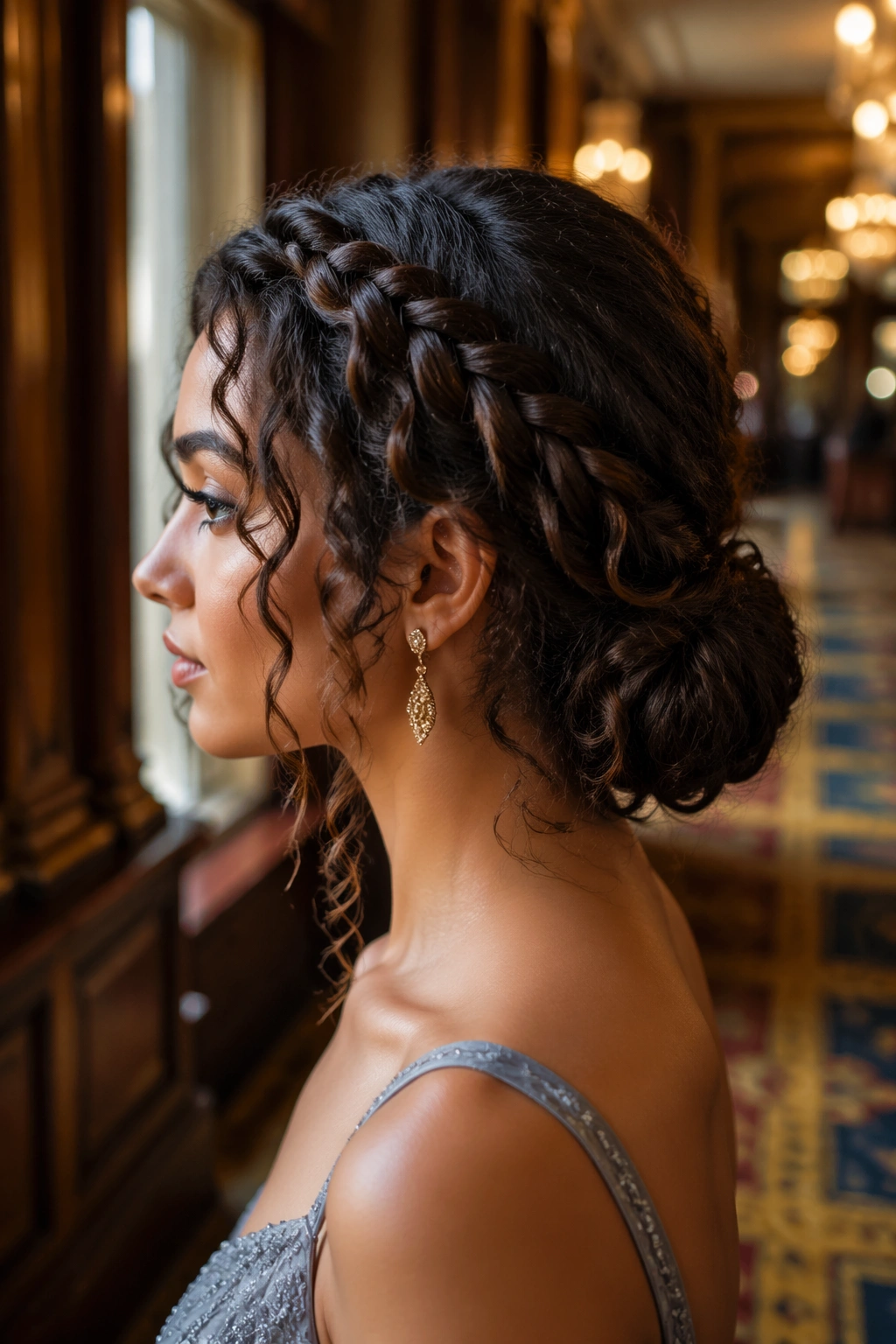 Waterfall braid flowing into a low bun seen in side profile.