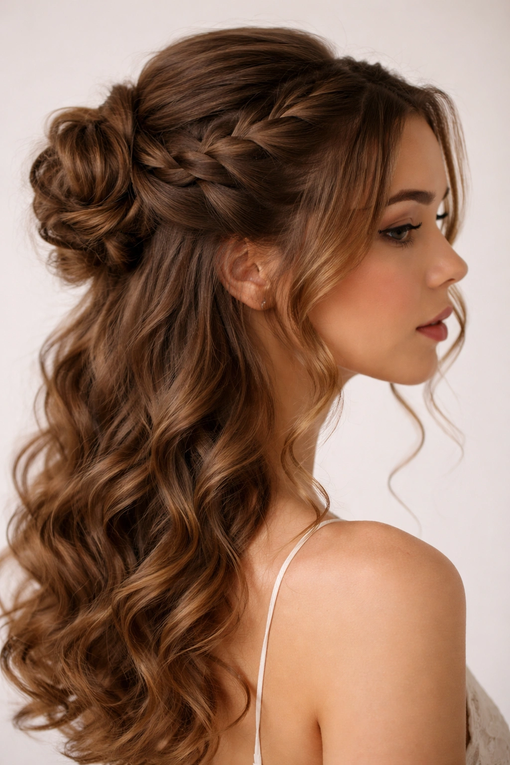 Waterfall braid flowing to a bun with curling face-framing strands