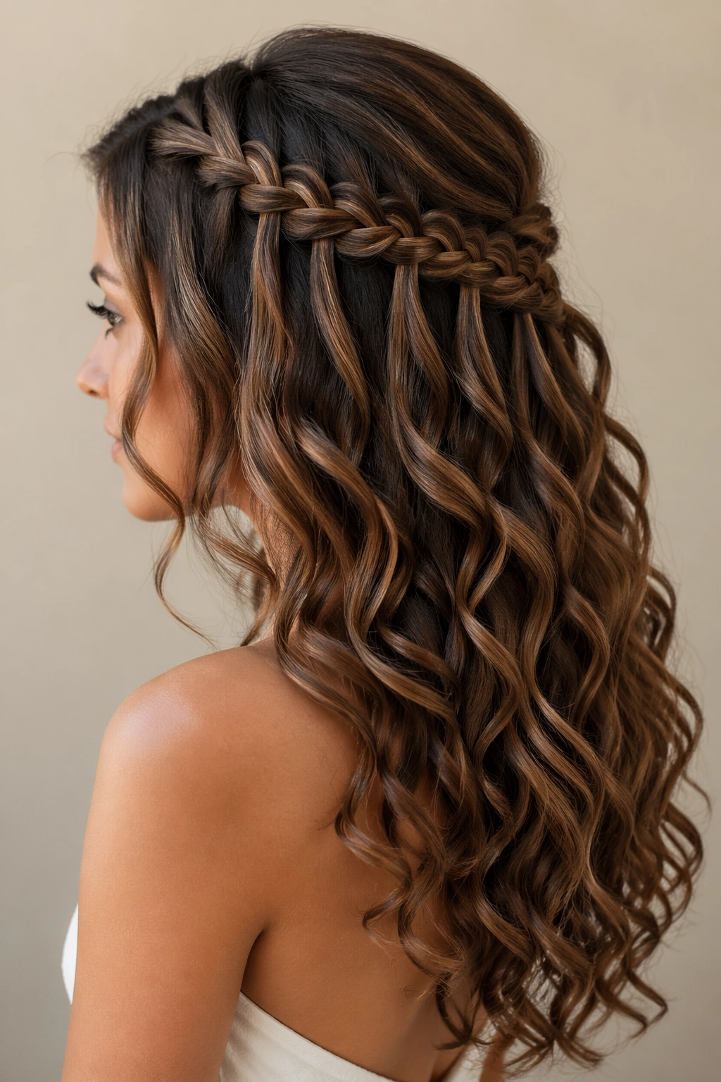 Waterfall braid transitioning into loose curls along the hairstyle.