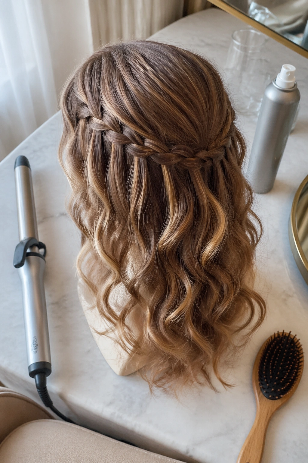 Overhead flat-lay of waterfall braid over soft curls with styling tools.