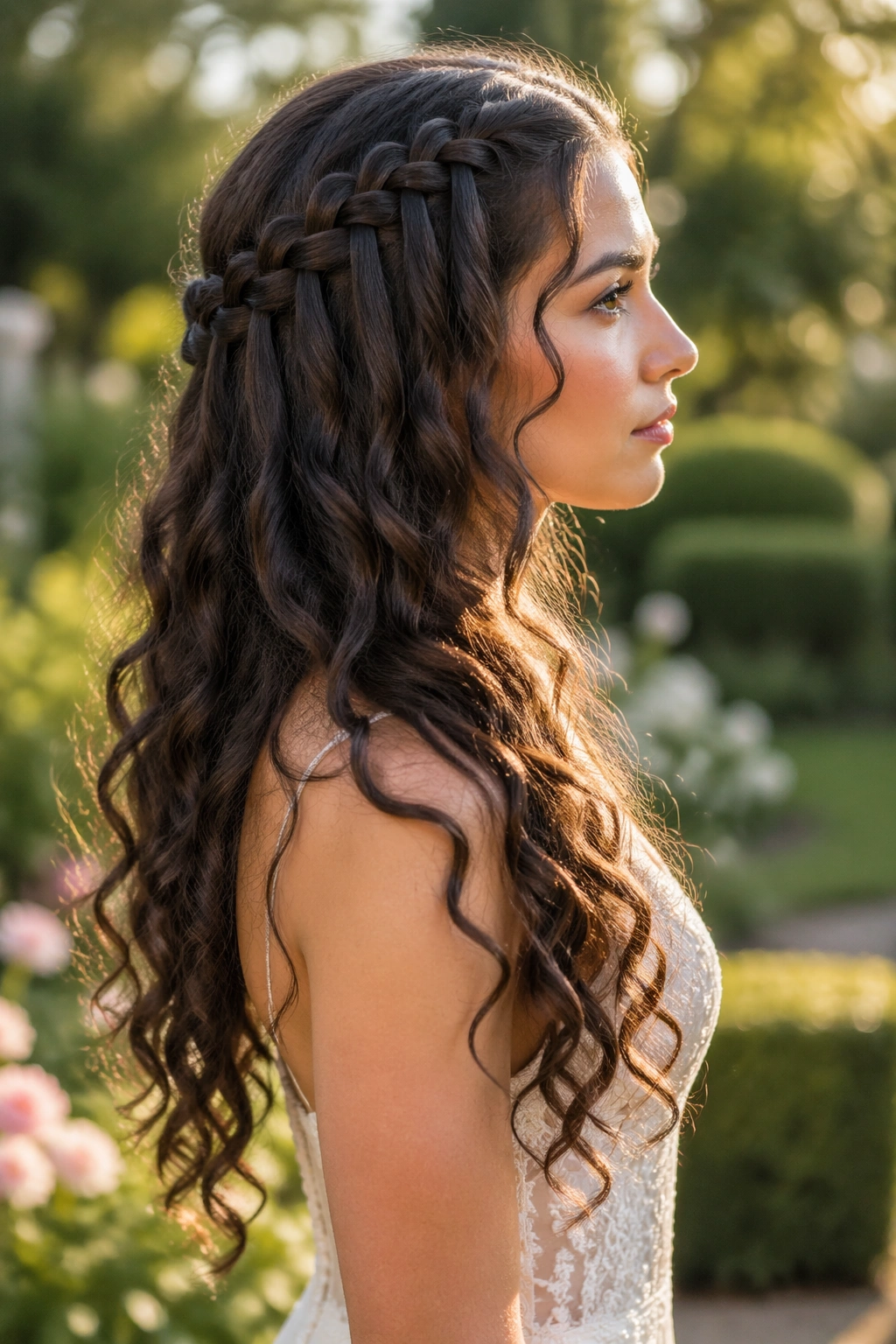 Side-profile of waterfall braid weaving into curls