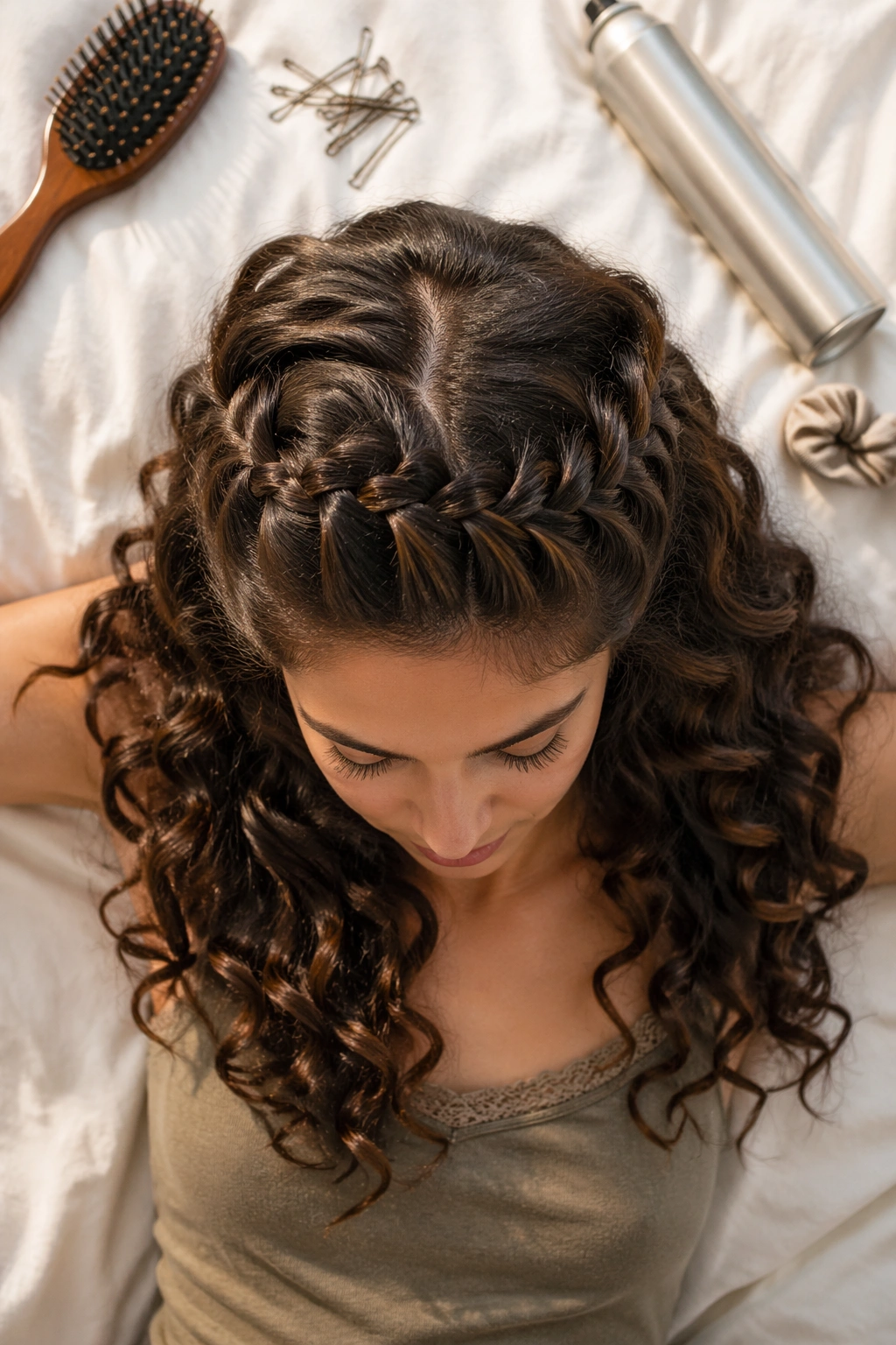 Overhead view of waterfall braid over glossy curls.
