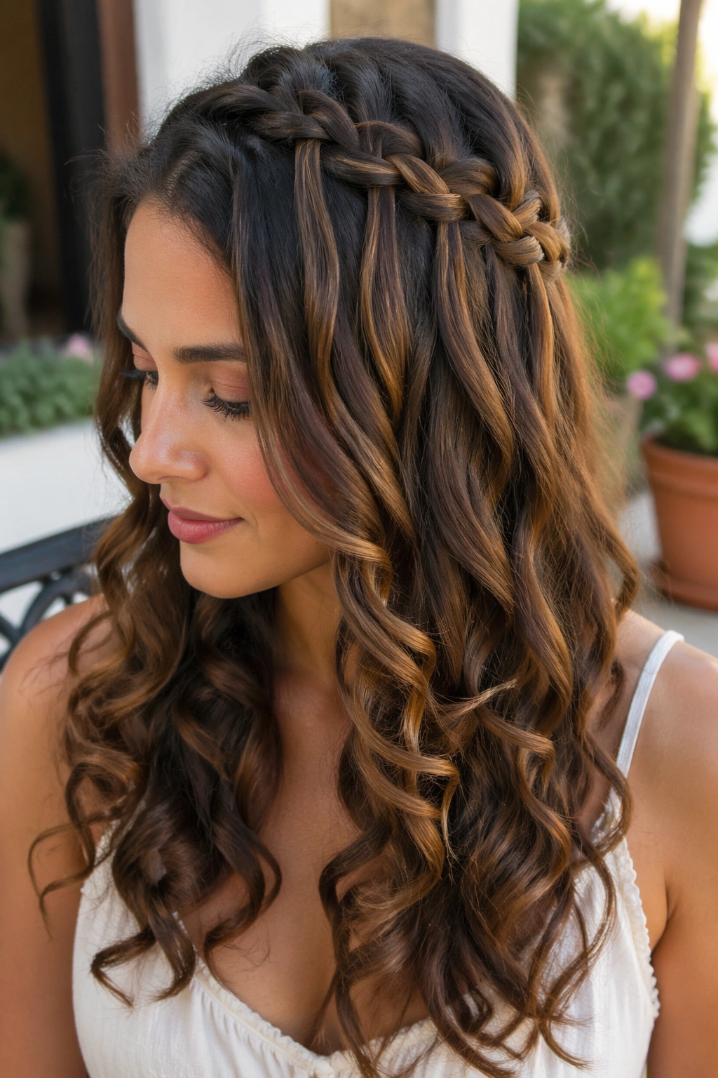 Close-up of a real woman wearing a waterfall braid with open curls outdoors