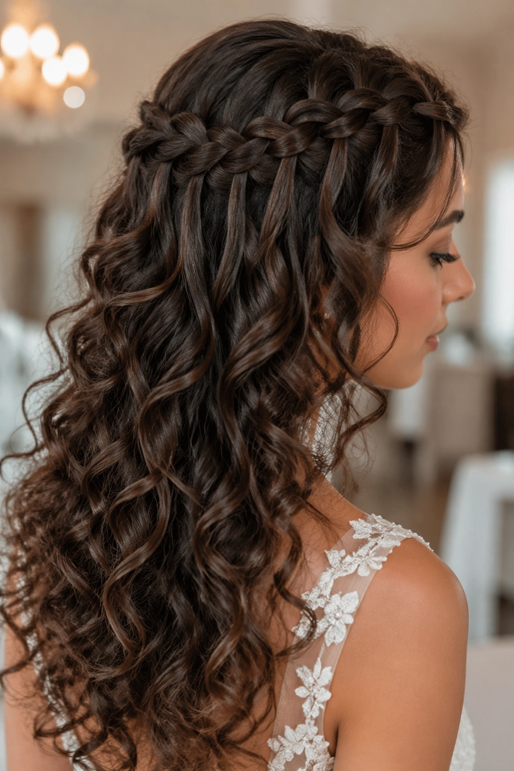Close-up of real bride with waterfall braid and curly cascade