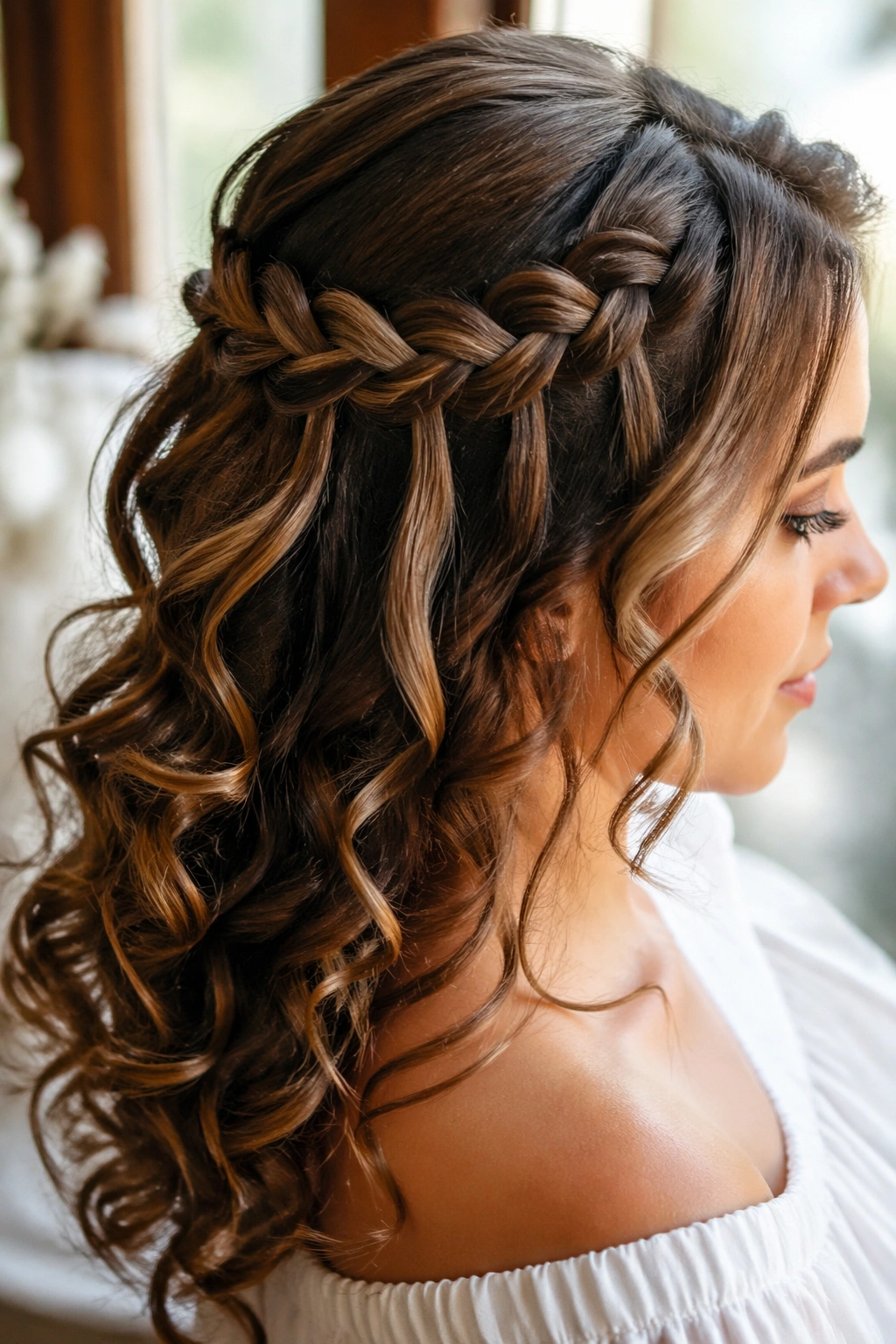 Real woman with waterfall braid half-up and loose spiral ends by a window