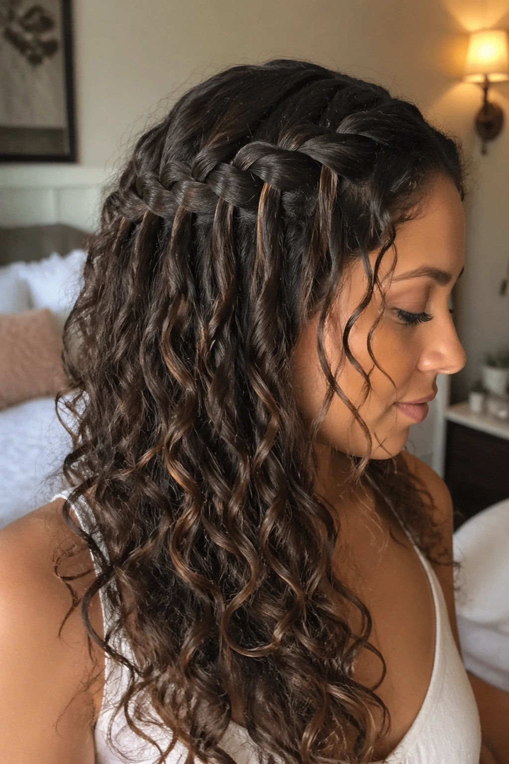 Close-up of a woman with a waterfall braid transitioning into loose curls in warm bedroom light
