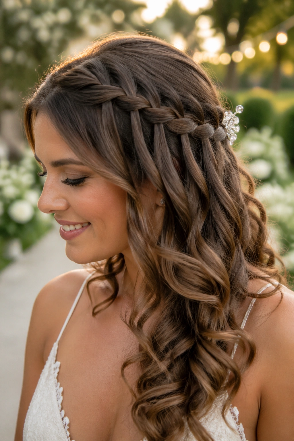 Close-up of a bride's waterfall braid with loose curls