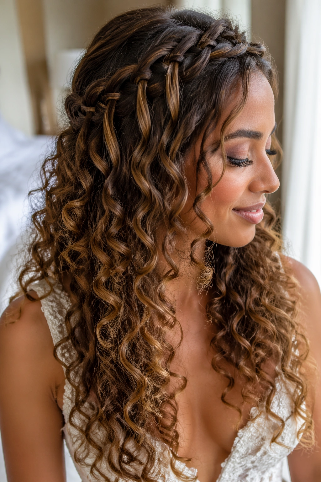 Close-up of a bride with a waterfall braid across long curls.