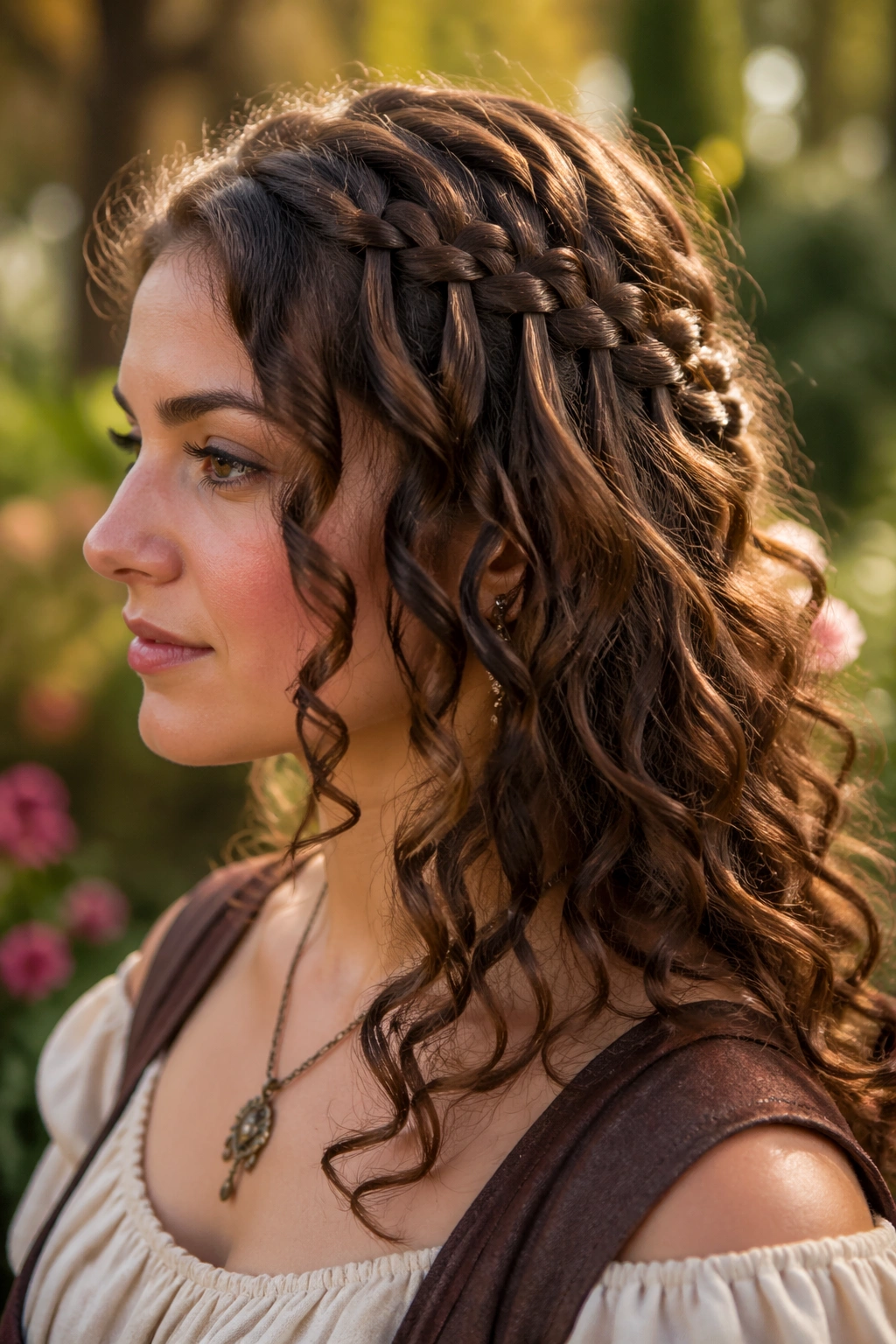 Close-up of a real woman with a waterfall braid over defined curls