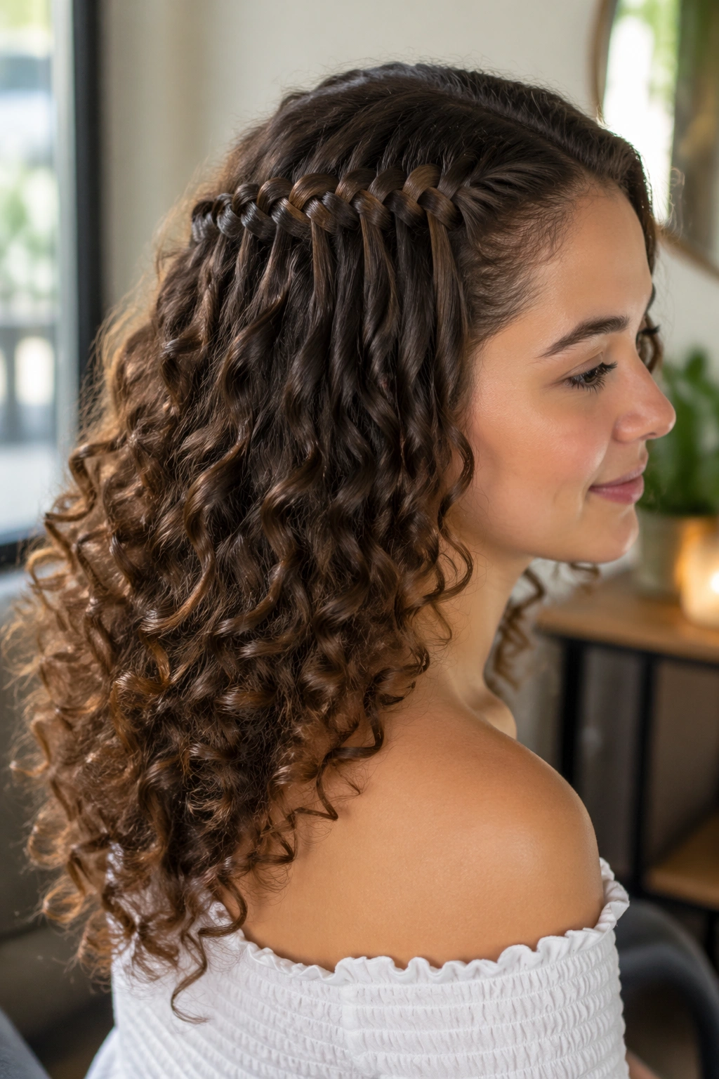 Portrait of woman with waterfall braid leading into curls on one side.