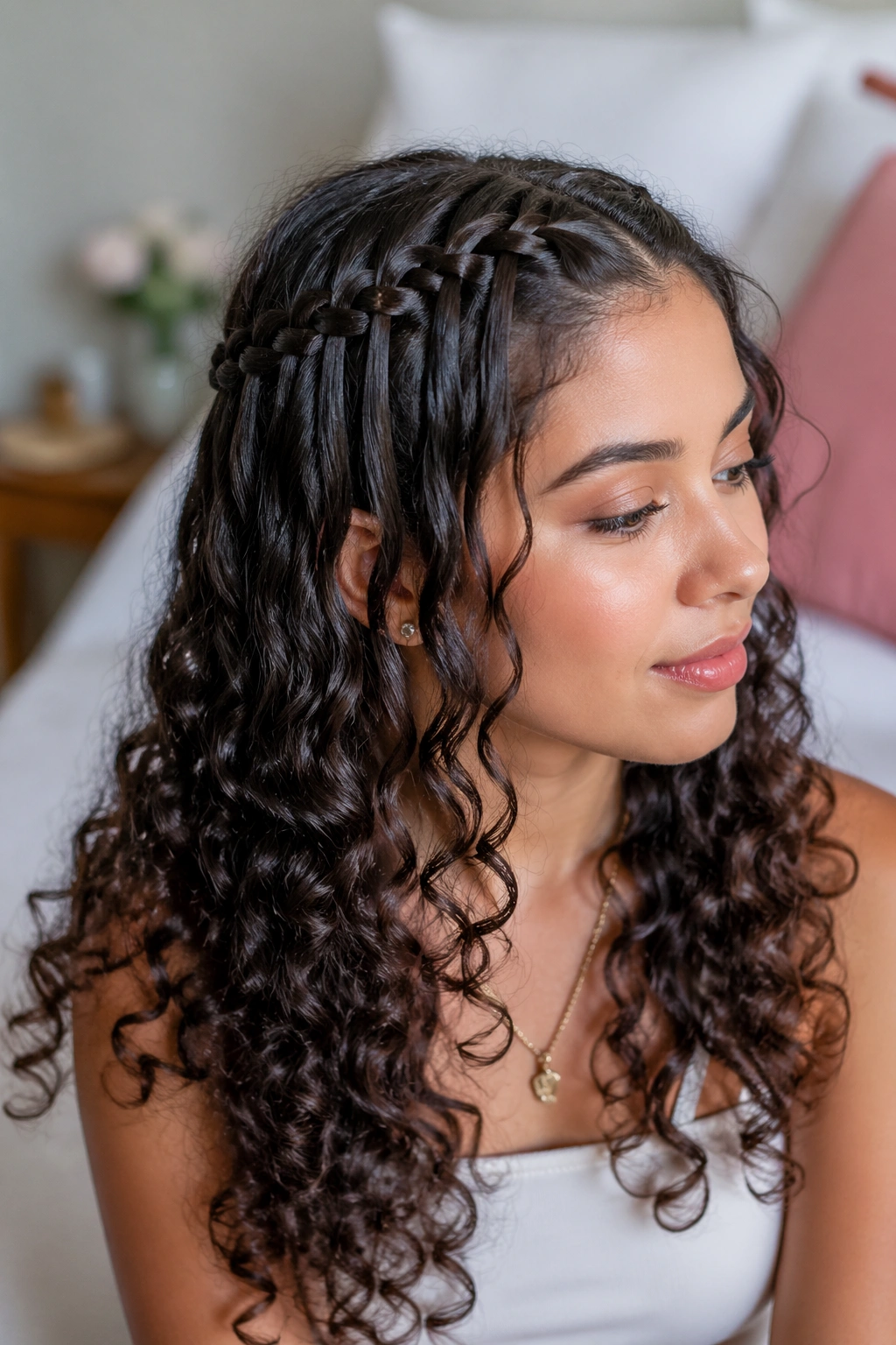 Close-up of waterfall braid with curls cascading into half-down hairstyle on a real woman