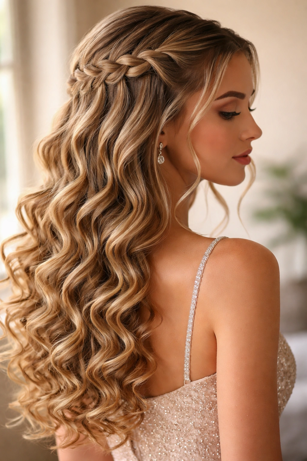 Waterfall braid with ringlets among defined curls