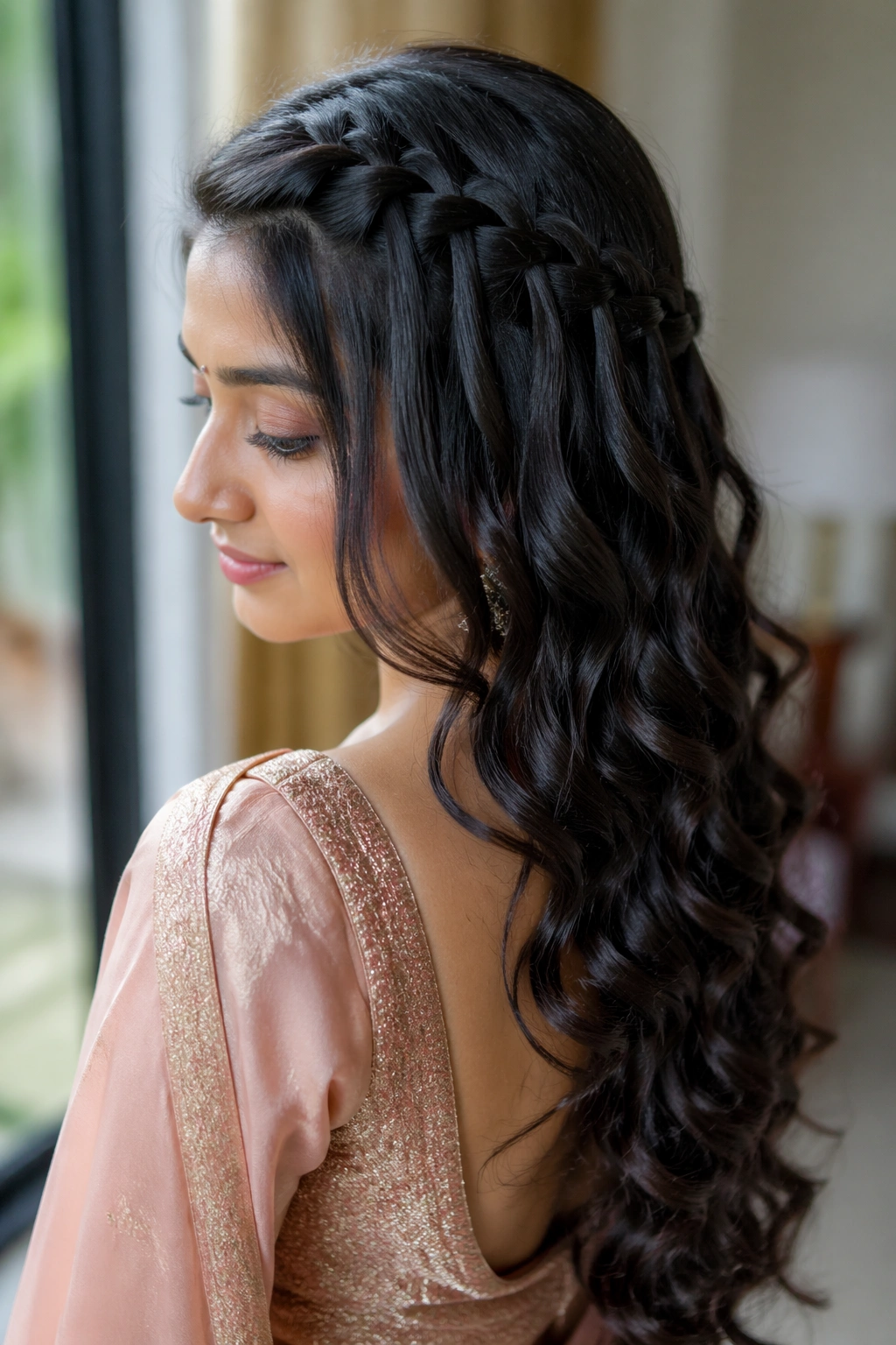 Portrait of a woman with a waterfall braid and cascading curls